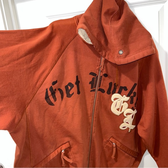 Rare Get Lucky fullzip drawstring graphic sweatshirt hooded brown unisex size XL - Picture 4 of 8